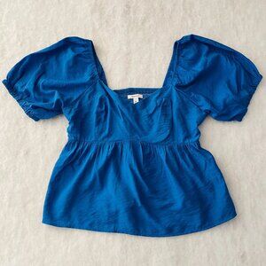 Nine West Womens Royal Blue Puff Sleeve Y2K Preppy Peplum Blouse Top Size XL